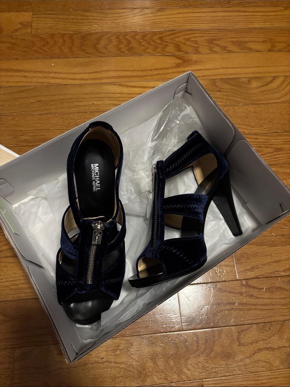 MICHAEL Michael Kors Dark Navy Velvet Zipper High Heel Sandals